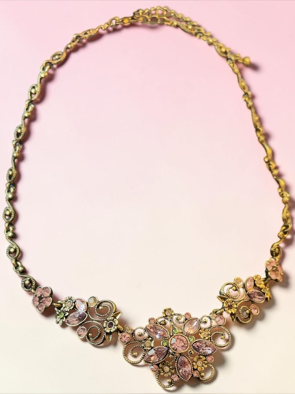 Vintage Avon Pink Ice & Peridot Rhinestone Gold Tone Scroll Floral Necklace